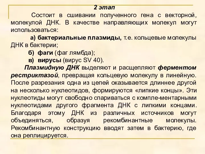 2 этап Состоит в сшивании полученного гена с векторной, молекулой ДНК. В