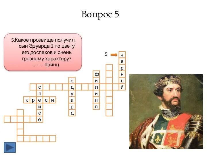 5.Какое прозвище получил сын Эдуарда 3 по цвету его доспехов и очень