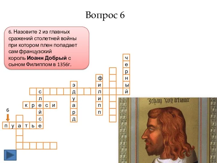 6. Назовите 2 из главных сражений столетней войны при котором плен попадает