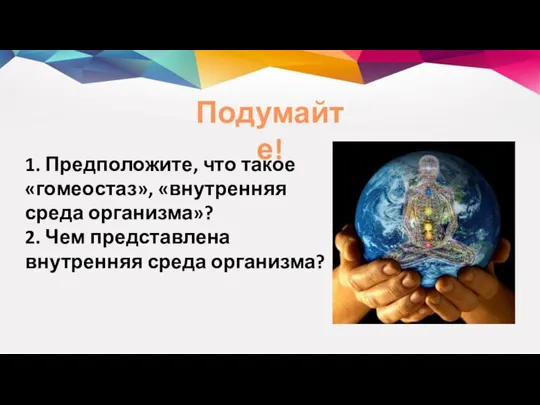 Подумайте! 1. Предположите, что такое «гомеостаз», «внутренняя среда организма»? 2. Чем представлена внутренняя среда организма?