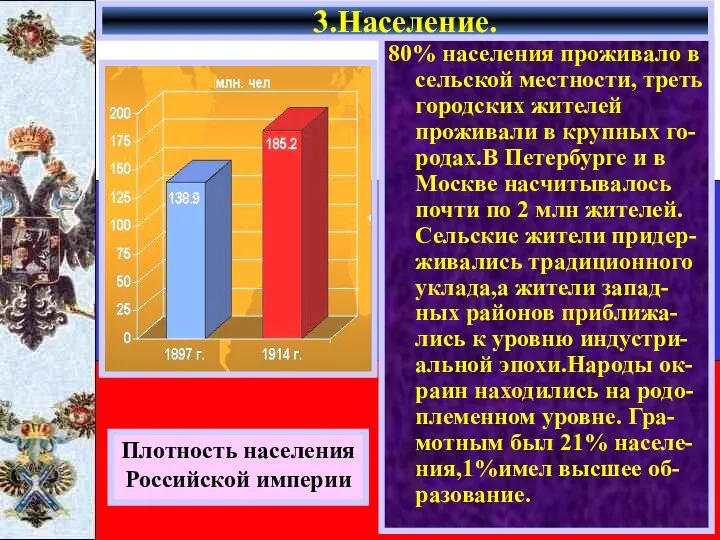 80% населения проживало в сельской местности, треть городских жителей проживали в крупных