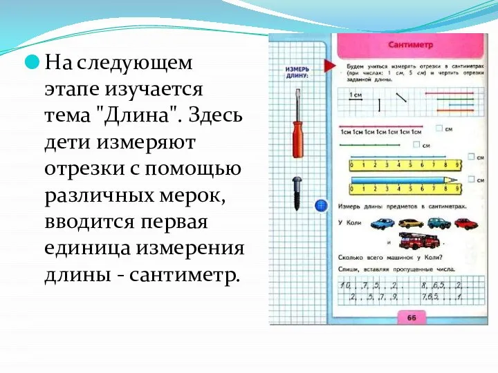 На следующем этапе изучается тема "Длина". Здесь дети измеряют отрезки с помощью