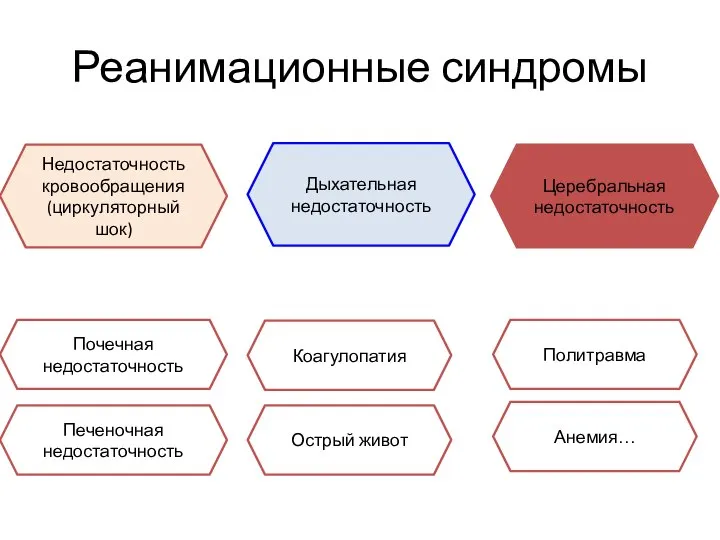 Реанимационные синдромы Дыхательная недостаточность Церебральная недостаточность Недостаточность кровообращения (циркуляторный шок) Почечная недостаточность