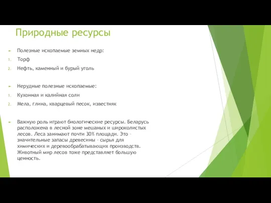 Природные ресурсы Полезные ископаемые земных недр: Торф Нефть, каменный и бурый уголь