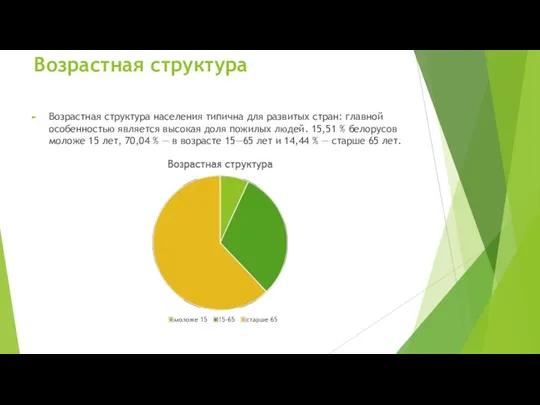 Возрастная структура Возрастная структура населения типична для развитых стран: главной особенностью является