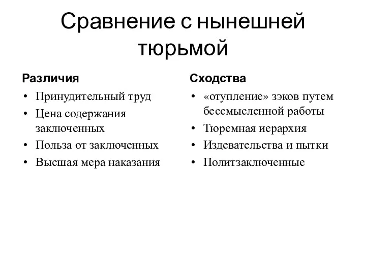 Сравнение с нынешней тюрьмой Различия Принудительный труд Цена содержания заключенных Польза от