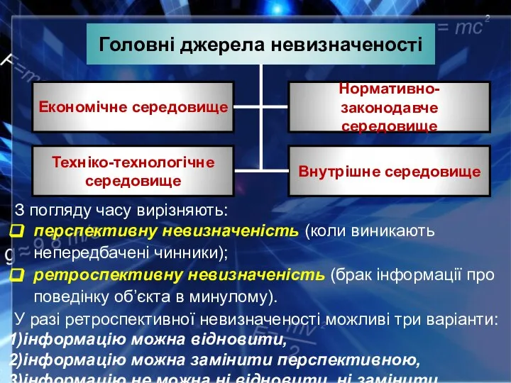 З погляду часу вирізняють: перспективну невизначеність (коли виникають непередбачені чинники); ретроспективну невизначеність