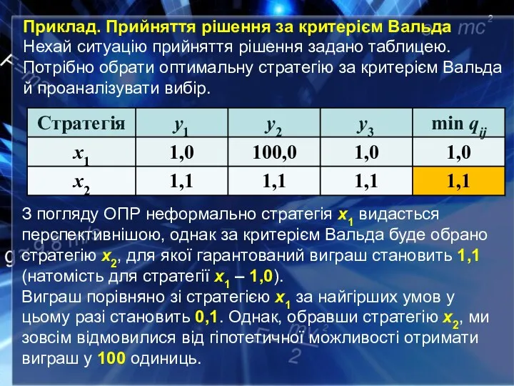 Приклад. Прийняття рішення за критерієм Вальда Нехай ситуацію прийняття рішення задано таблицею.