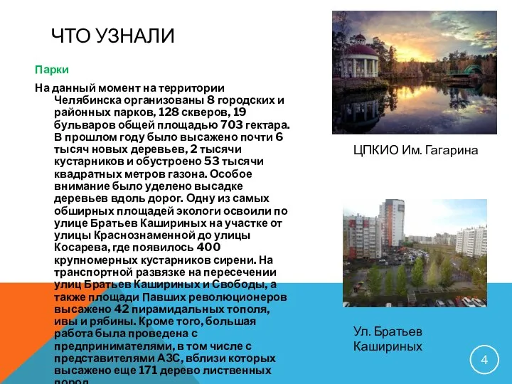 ЧТО УЗНАЛИ Парки На данный момент на территории Челябинска организованы 8 городских