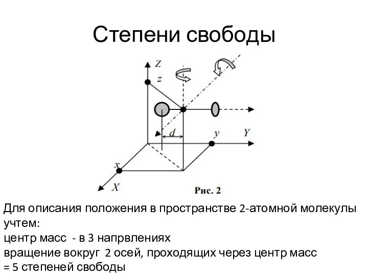 Степени свободы Для описания положения в пространстве 2-атомной молекулы учтем: центр масс