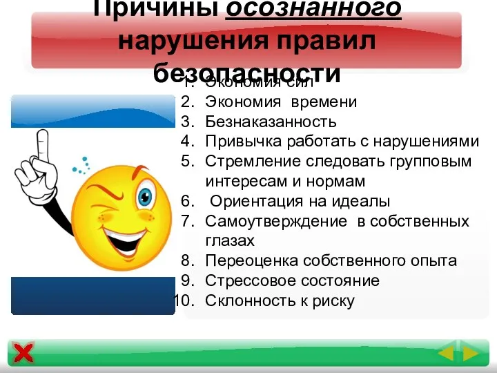 Причины осознанного нарушения правил безопасности Экономия сил Экономия времени Безнаказанность Привычка работать