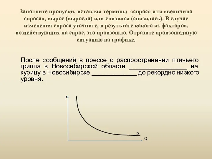 Заполните пропуски, вставляя термины «спрос» или «величина спроса», вырос (выросла) или снизился