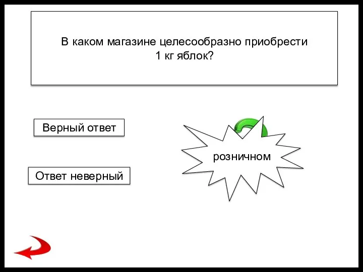 В каком магазине целесообразно приобрести 1 кг яблок? розничном Верный ответ Ответ неверный