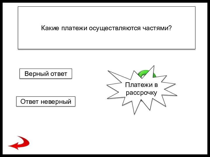 Какие платежи осуществляются частями? Платежи в рассрочку Верный ответ Ответ неверный