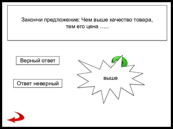 Закончи предложение: Чем выше качество товара, тем его цена ….. выше Верный ответ Ответ неверный