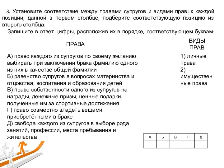 3. Установите соответствие между правами супругов и видами прав: к каждой позиции,