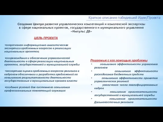 Краткое описание победившей Идеи/Проекта Создание Центра развития управленческих компетенций и комплексной экспертизы