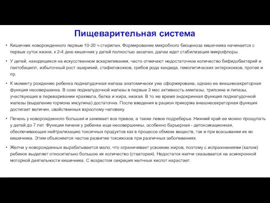 Пищеварительная система Кишечник новорожденного первые 10-20 ч стерилен. Формирование микробного биоценоза кишечника