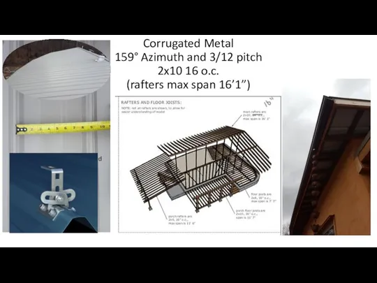 Corrugated Metal 159° Azimuth and 3/12 pitch 2x10 16 o.c. (rafters max