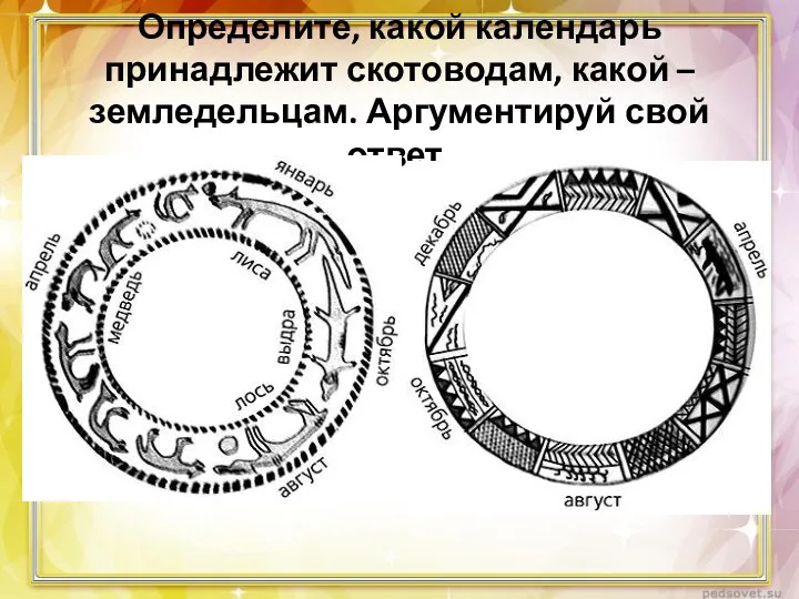 Определите, какой календарь принадлежит скотоводам, какой – земледельцам. Аргументируй свой ответ.