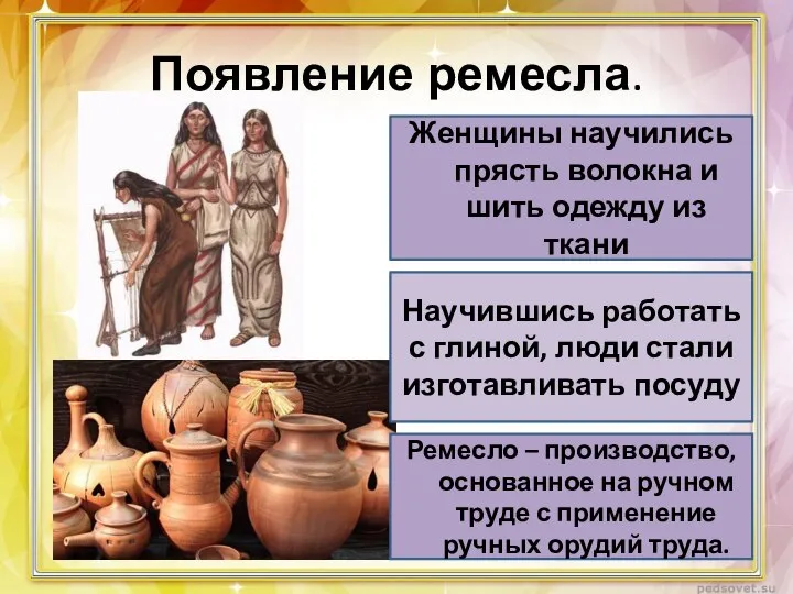 Появление ремесла. Женщины научились прясть волокна и шить одежду из ткани Научившись