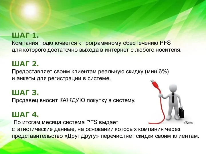 ШАГ 1. Компания подключается к программному обеспечению PFS, для которого достаточно выхода