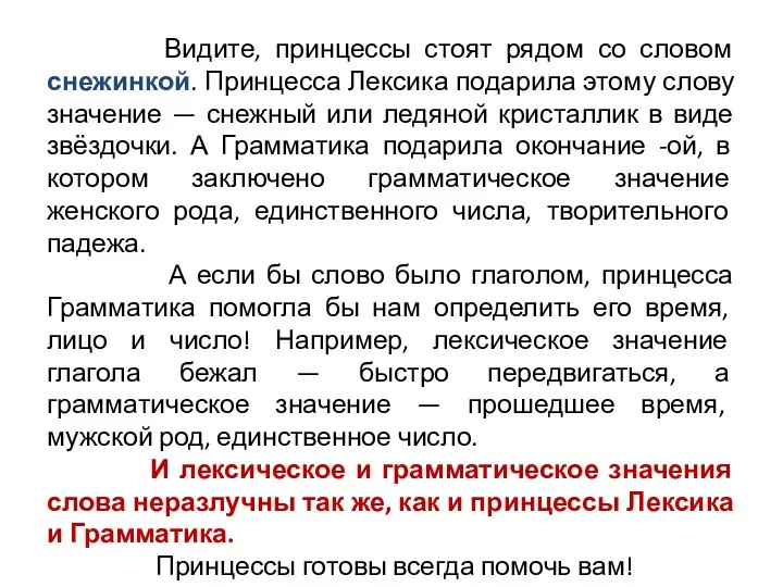 Видите, принцессы стоят рядом со словом снежинкой. Принцесса Лексика подарила этому слову