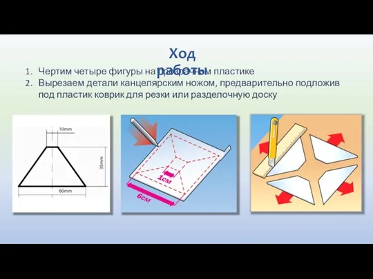 Чертим четыре фигуры на прозрачном пластике Вырезаем детали канцелярским ножом, предварительно подложив