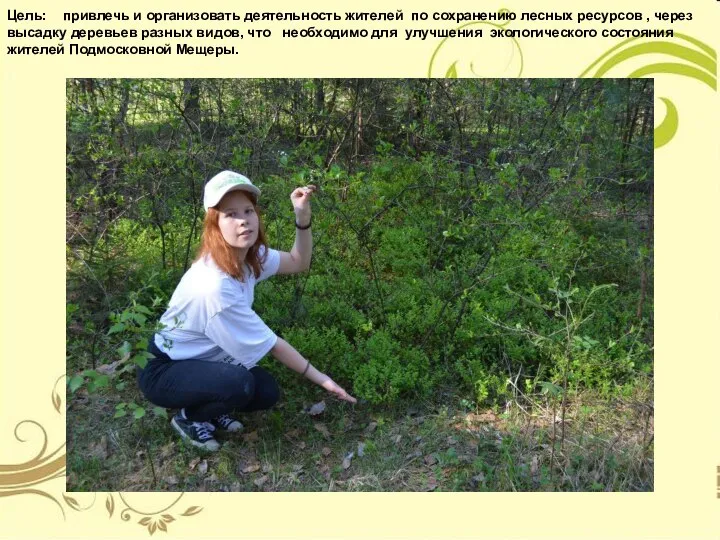 Цель: привлечь и организовать деятельность жителей по сохранению лесных ресурсов , через
