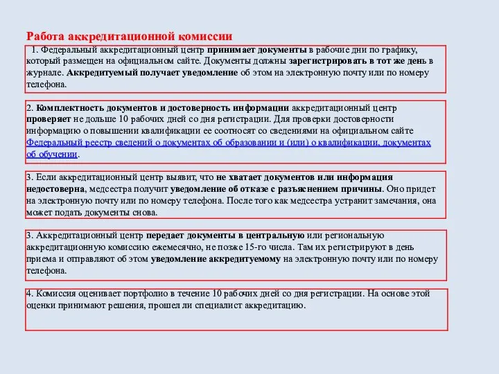 Работа аккредитационной комиссии 1. Федеральный аккредитационный центр принимает документы в рабочие дни