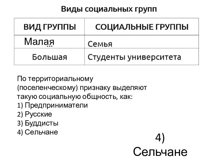 4) Сельчане Малая По территориальному (поселенческому) признаку выделяют такую социальную общность, как: