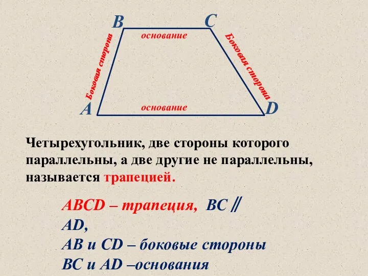 Четырехугольник, две стороны которого параллельны, а две другие не параллельны, называется трапецией.