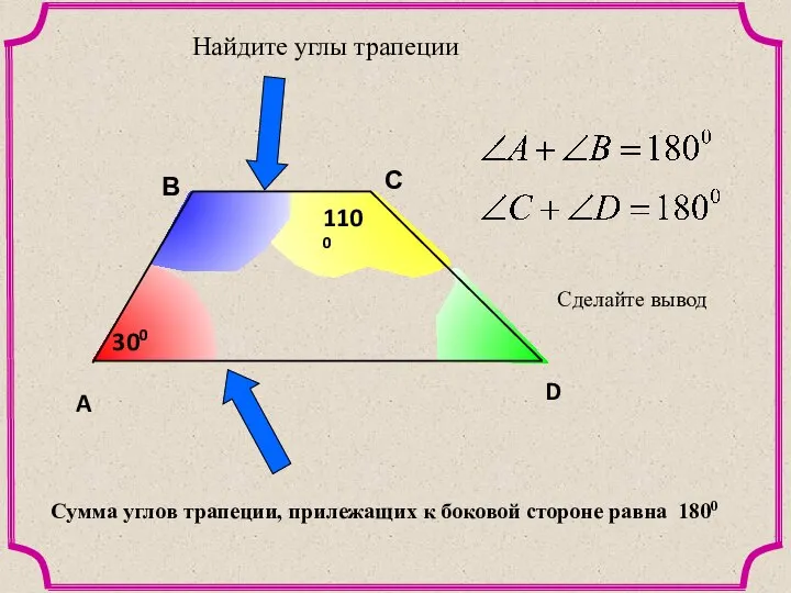 A В С D Найдите углы трапеции 300 1100 Сделайте вывод Сумма