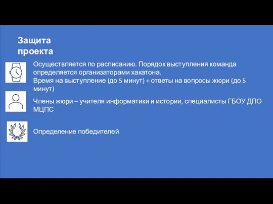 Защита проекта Осуществляется по расписанию. Порядок выступления команда определяется организаторами хакатона. Время