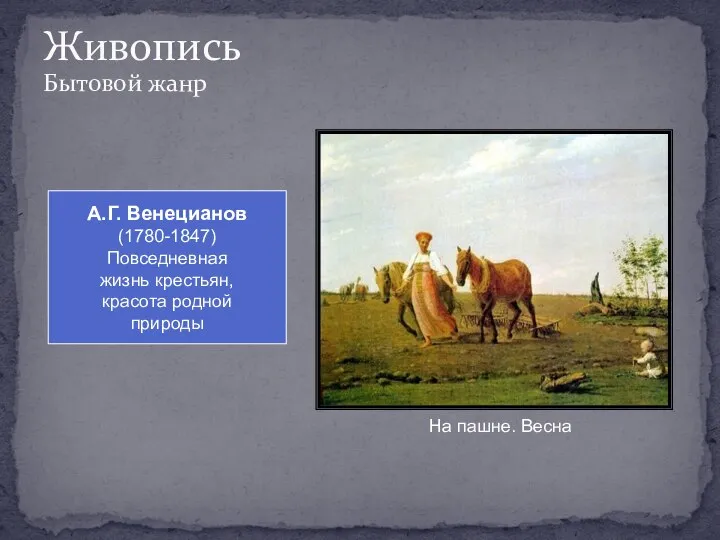 Живопись Бытовой жанр А.Г. Венецианов (1780-1847) Повседневная жизнь крестьян, красота родной природы На пашне. Весна