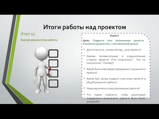 Этап 11 Анализ результатов работы. Итоги работы над проектом Анкета Цель: Подвести