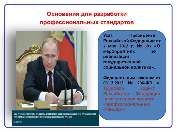 Основания для разработки профессиональных стандартов Указ Президента Российской Федерации от 7 мая