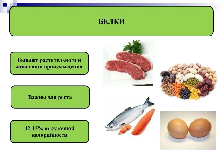 БЕЛКИ Бывают растительного и животного происхождения Важны для роста 12-15% от суточной калорийности