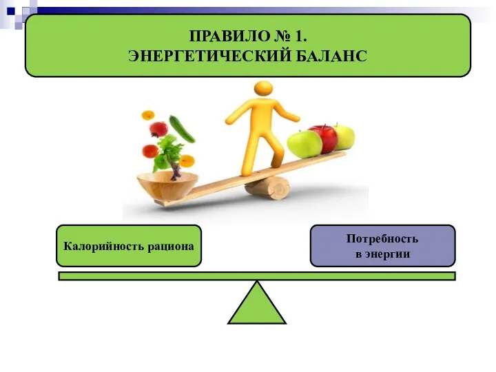 ПРАВИЛО № 1. ЭНЕРГЕТИЧЕСКИЙ БАЛАНС Калорийность рациона Потребность в энергии