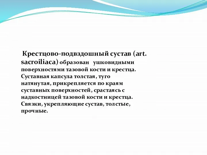 Крестцово-подвздошный сустав (art. sacroiliаca) образован ушковидными поверхностями тазовой кости и крестца. Суставная