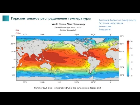 0 м лето Горизонтальное распределение температуры Тепловой баланс на поверхности Ветровая циркуляция Конвекция Апвеллинг