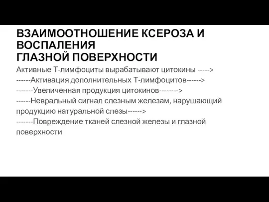 ВЗАИМООТНОШЕНИЕ КСЕРОЗА И ВОСПАЛЕНИЯ ГЛАЗНОЙ ПОВЕРХНОСТИ Активные Т-лимфоциты вырабатывают цитокины -----> ------Активация