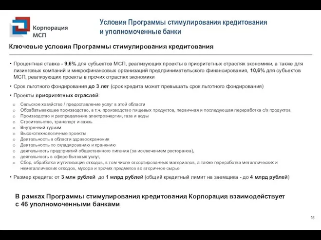 Условия Программы стимулирования кредитования и уполномоченные банки Процентная ставка - 9,6% для