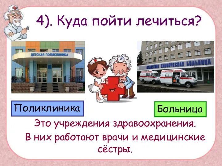 Это учреждения здравоохранения. В них работают врачи и медицинские сёстры. 4). Куда пойти лечиться?