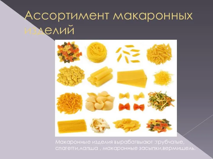 Ассортимент макаронных изделий Макаронные изделия вырабатвыают :трубчатые, спагетти,лапша , макаронные засыпки,вермишель.