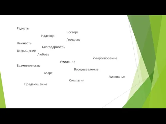 Радость Восторг Надежда Гордость Нежность Благодарность Восхищение Любовь Умиротворение Умиление Безмятежность Воодушевление Азарт Ликование Симпатия Предвкушение