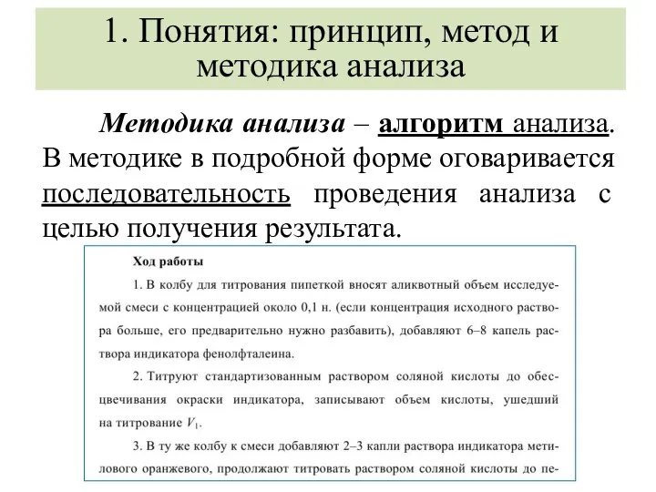 Методика анализа – алгоритм анализа. В методике в подробной форме оговаривается последовательность