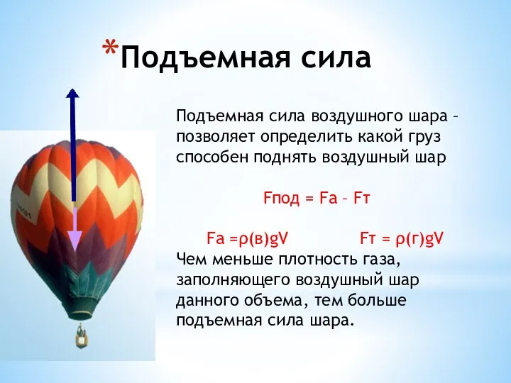 Подъемная сила Подъемная сила воздушного шара – позволяет определить какой груз способен