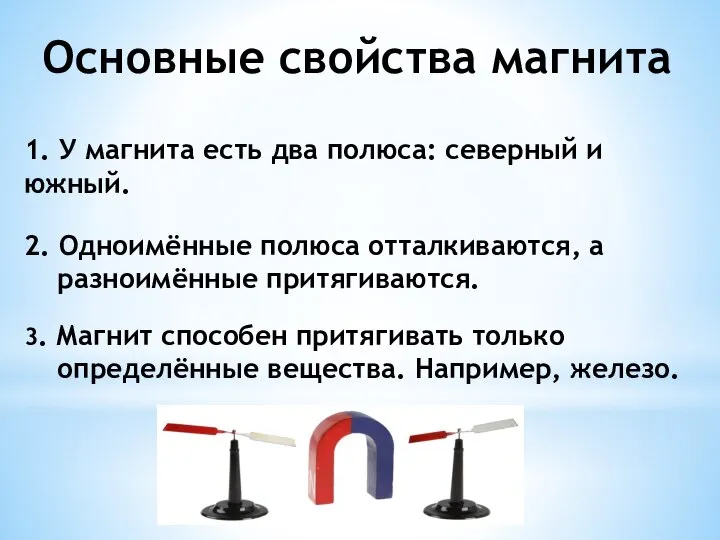 Основные свойства магнита 1. У магнита есть два полюса: северный и южный.