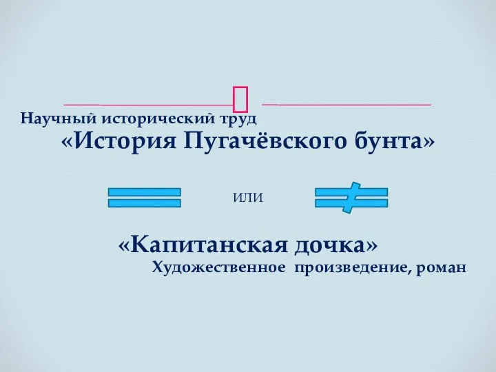 «История Пугачёвского бунта» «Капитанская дочка» ИЛИ Научный исторический труд Художественное произведение, роман